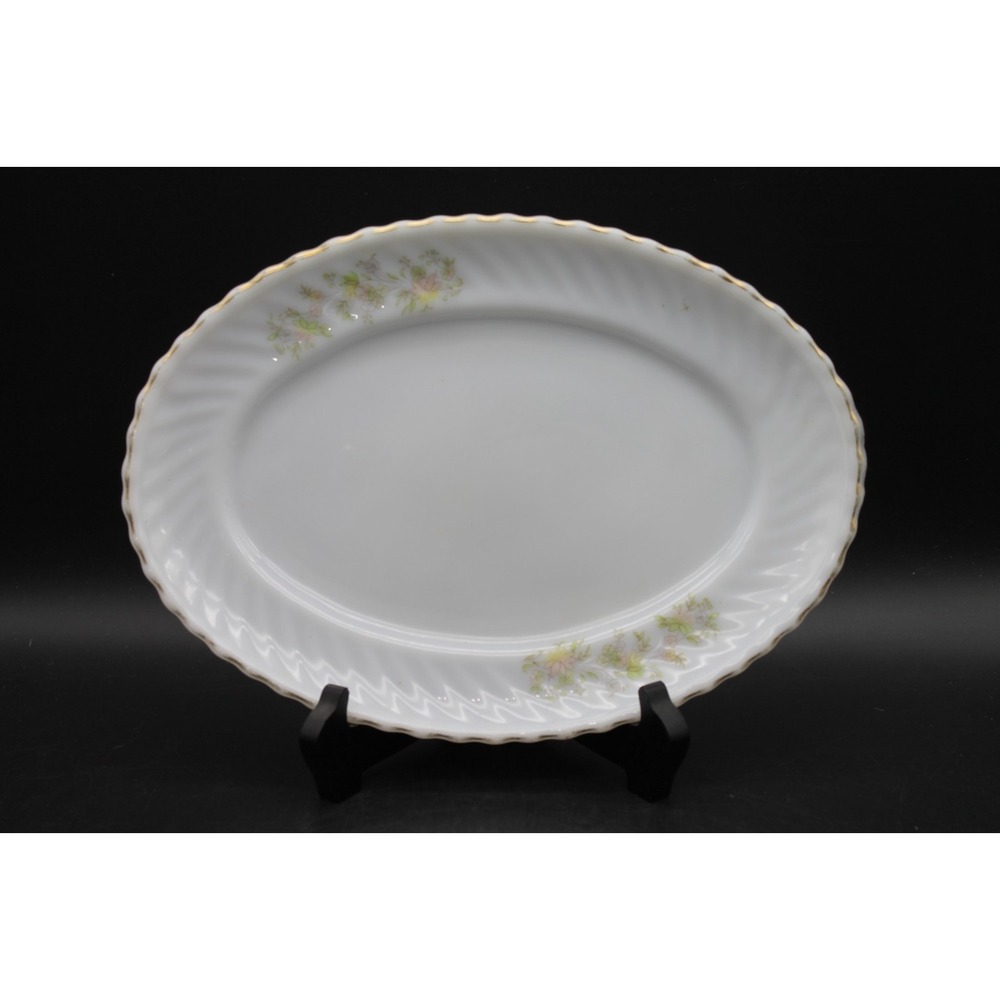 Vintage White Milk Glass Oval Serving Platter Floral Gold Trim 12" x 8.25"
